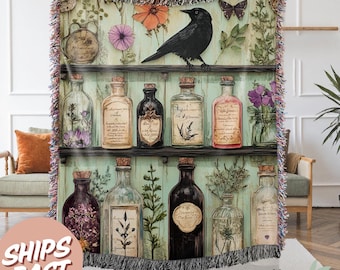 Gothic Apothecary woven blanket with mystical potions, Cottage core darkacademia Throw Blanket Mother's Day gift for mom, wall tapestry