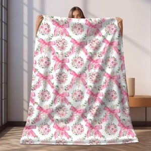 Vintage Coquette Plush Blanket with Pink Roses Ribbon Decor, Girly Decor & Mother's Day Gift, Floral Coquette Bedding Set, dorm decor