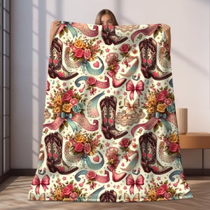 Coquette Cowgirl Plush Blanket, College Dorm Room Decor, Gift for Mom or Girlfriend, Vintage Cowgirl Coquette Throw Blanket, Girly Decor
