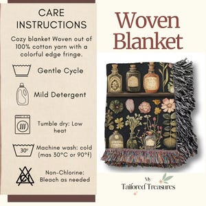 Op de afbeelding: Geweven deken met een zwarte achtergrond met een kleurrijk bloemenpatroon en flesjes met drank. De deken heeft een kleurrijke franje rand. De tekst "Woven Blanket" staat in bruine tekst bovenaan de afbeelding. De tekst "My Tailored Treasures" staat onderaan de afbeelding.