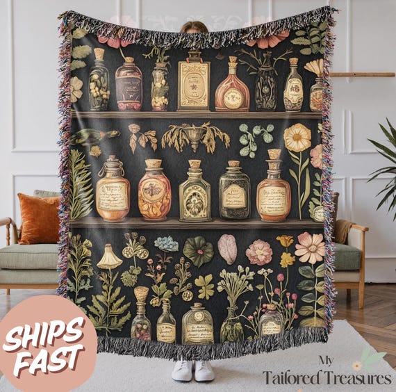Gothic Apothecary woven blanket with mystical potions, Cottage core darkacademia Throw Blanket Mother's Day gift for mom, wall tapestry