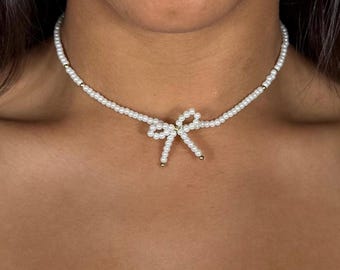 Pearl Bow Choker | 14K Gold Plated Beads | Handmade Jewelry | Elegant