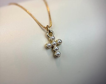 Tiny Pearl Cross Necklace | 14K Gold Plated | Minimalist | Handmade Jewelry