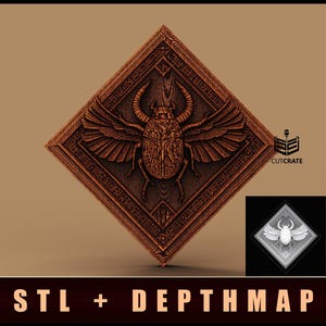 May include: A wooden wall plaque featuring an intricate carving of a scarab beetle with its wings spread. The plaque is a deep brown colour and has a geometric design around the edge.