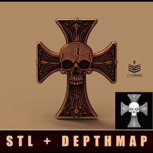 May include: A 3D printed, detailed, ornate, copper-colored cross with a skull in the center. The cross is on a brown background. The image also shows a white 3D printed cross with a skull in the center. The text "STL + DEPTHMAP" is at the bottom of the image.