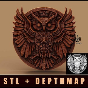 May include: A 3D printed model of a detailed, intricately designed owl with gears and cogs. The owl is rendered in a warm, reddish-brown color and has a circular base. The model is shown against a brown background.