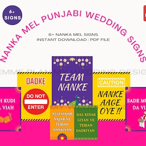 Puede incluir: Un conjunto de letreros de boda punjabi coloridos con varios textos y diseños. Los letreros incluyen frases como "Team Nanke", "Caution Nanke Aage Oye!!" y "Sadi Kudi Da Viah". Los letreros son en tonos de rosa, amarillo, verde y morado.