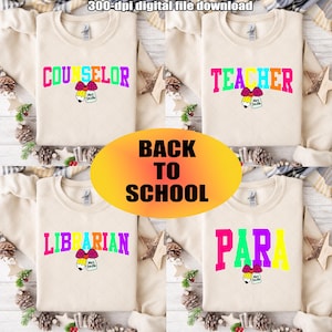 Custom Teacher Back to School PNG Neon Disstressed Bundle, Custom Coquette Bow Para/Librarian/ Counselor Png, Girly Pink Bow, Colorful