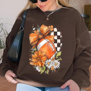 Fall Checker Football Png, Game Day Png Fall Vibes Png, Autumn Png Boho Floral Football Png Touchdown Season Png, Coquette Football Bow Png