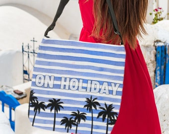Mediterranean Inspired On Holiday Palm Tree Adjustable Strap Travel Tote Bag | Zipper Closure Crossbody Bag | Travel Gift | Shoulder Bag