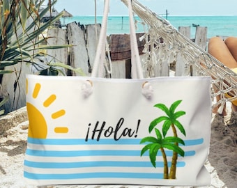 Tropical Beach Bag with Hola! and Adios! Design | Travel Gift | Rope Handle Tote | Large Tote Bag |  Large Day Bag