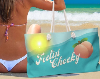 Cheeky Beach Tote Bag | Water and Sun Design Tote | Teal Blue and Yellow Shoulder Bag | Fun and Functional Rope Handle Tote | Large Day Bag