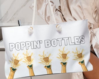 Poppin' Bottles Champagne Bottle Tote Bag |  Rope Handle Tote Beach Bag | Special Occasion Tote Bag | Large Weekender Bag