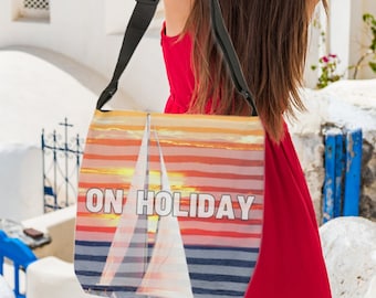 Sunset Sailboat On Holiday Adjustable Tote Bag | Zipper Closure Crossbody Bag | Travel Gift | Black Handle Shoulder Bag