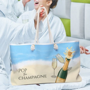 Pop the Champagne Einkaufstasche | Braut Geschenk | Geburtstagsgeschenk | Kordel Henkel Tragetasche | Strandtasche | Besondere Anlässe Einkaufstasche | Bachelorette Geschenk