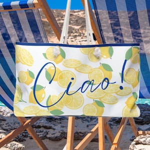 Bolsa de praia com estampa de limão Ciao | Bolsa grande para fim de semana | Presente de viagem | Bolsa italiana para fim de semana | Sacola Limão