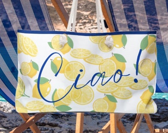 Ciao Lemon Print Beach Bag | Large Weekender Bag | Travel Gift | Italian Weekender Bag | Lemon Tote