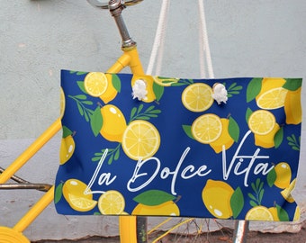 La Dolce Vita Lemon Pattern Tote Bag | Italian Theme Weekender Bag | Travel Gift | Large Beach Bag