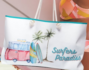 Surfers Paradise Large Beach Bag | Tropical Vacation Bag | Vintage Van and Surfboard Design | Rope Handle Tote Bag