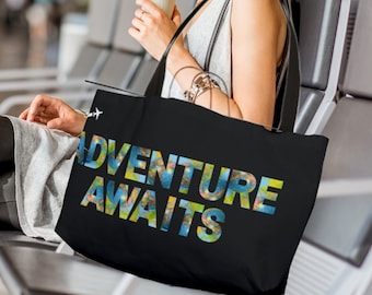 Adventure Awaits Black Weekender Bag: World Map Travel Tote