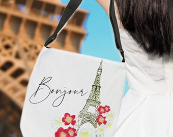 Adjustable Strap Eiffel Tower Bonjour Travel Bag | Zipper Closure Crossbody Bag | Travel Gift | Shoulder Bag