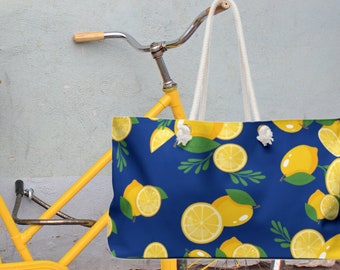 Lemon Beach Bag | Large Weekender Bag | Travel Gift | Rope Handle Tote | Large Beach Bag | Shoulder Overnight Bag |  Vacation Bag