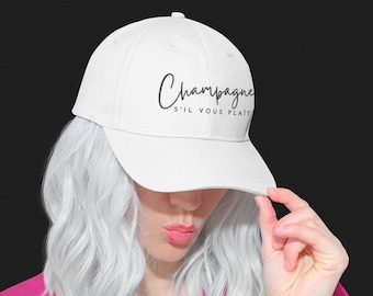 Champagne S'il Vous Plaît 100% Cotton Velcro Adjustable Low-Profile White Baseball Cap