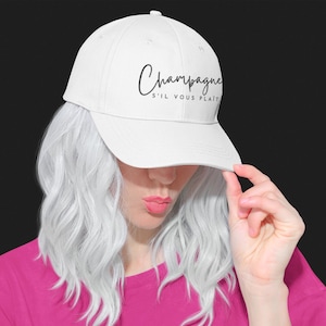 Champagne S&#39;il Vous Plaît 100% Cotton Velcro Adjustable Low-Profile White Baseball Cap