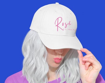 Rosé S'il Vous Plaît 100% Cotton Velcro Adjustable Low-Profile White Baseball Cap with Bright Pink Lettering