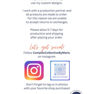 May include: Etsy shop announcement with the text "Thank you for visiting my Etsy shop!" and "Let's get social!" with a QR code and Instagram icon. The shop name is "Complex Collective" and the shop owner's Instagram handle is "ComplexCollectiveByMaria".