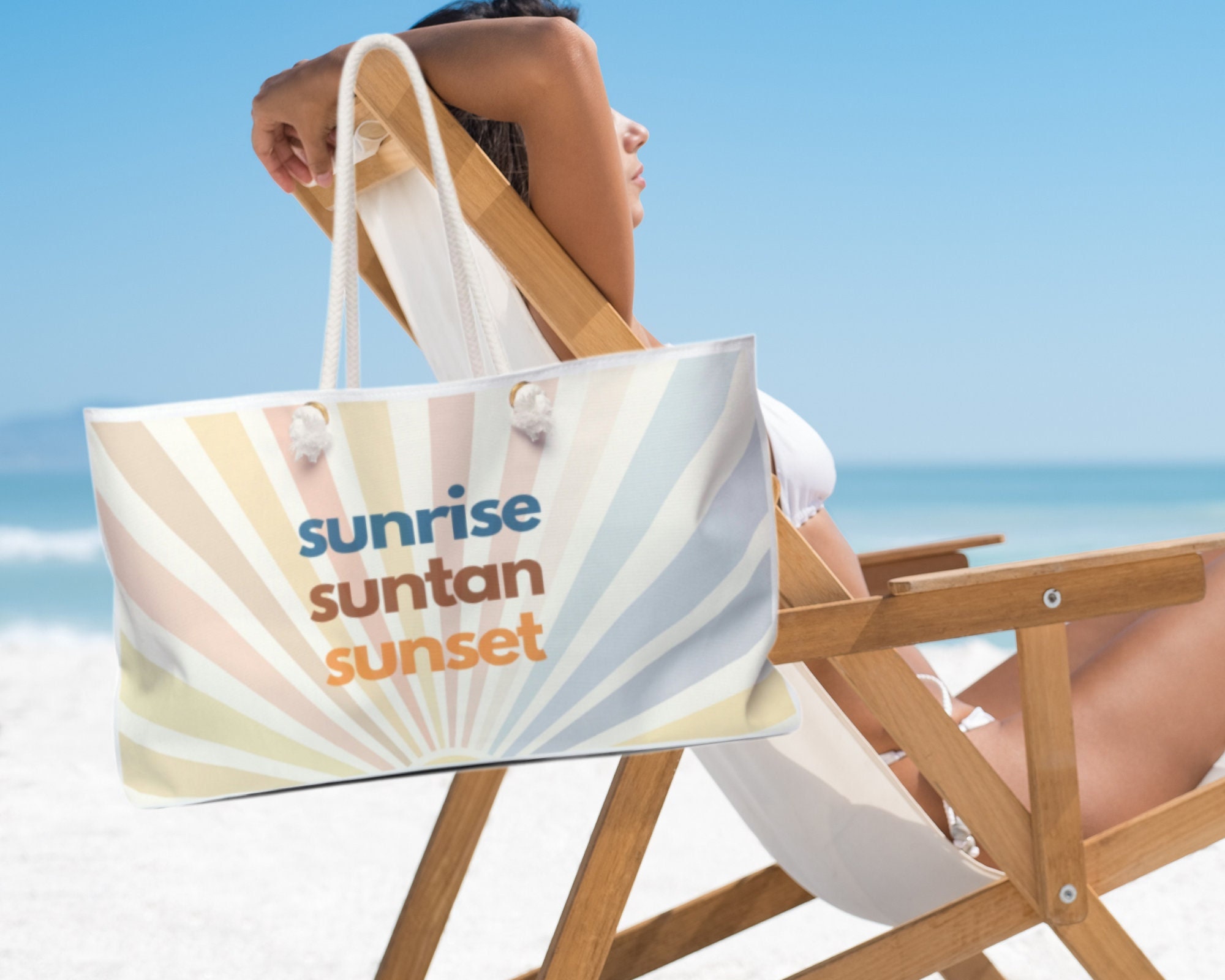 Pastel Sun Ray Tote Bag | Weekender Bag | Sunrise Suntan Sunset Bag | Rope Handle Tote | Large Beach Bag | Shoulder Bag | Day Bag