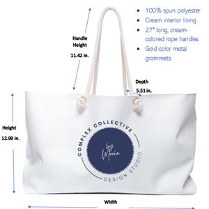 May include: White canvas weekender bag with a navy blue logo that says "Complex Collective by Maria Design Studio". The bag has white rope handles, gold metal grommets, and measures 12.99 inches high, 24.02 inches wide, and 5.51 inches deep.