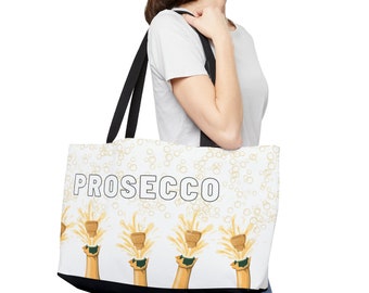 Champagne Theme "Prosecco" Tote Bag | Large Weekender Bag | Wine Country Gift | Gift for Her | Girls Trip Travel Bag