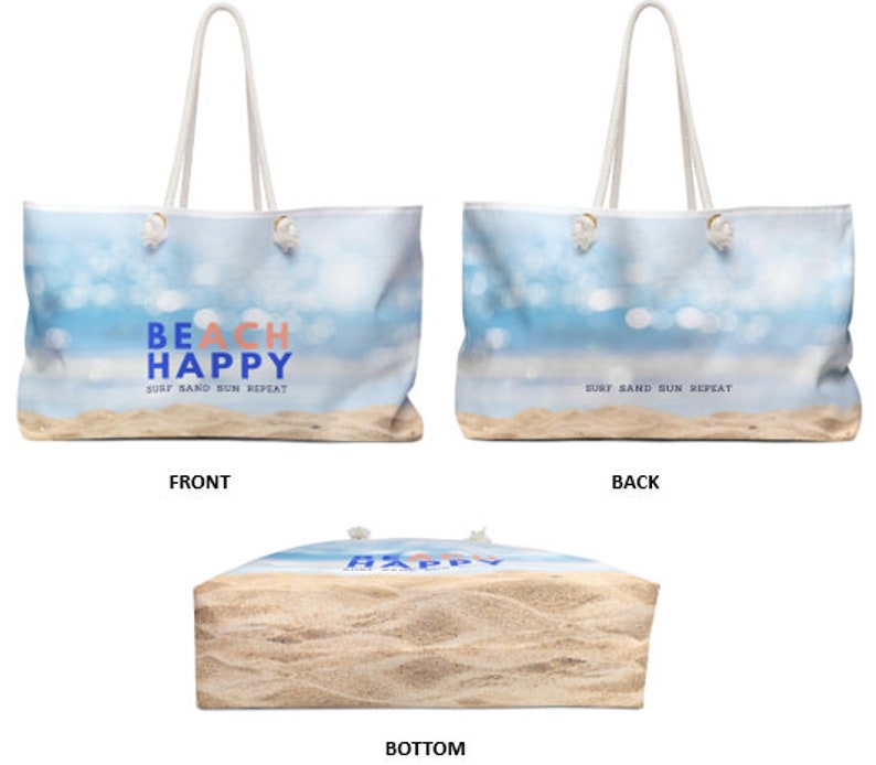 May include: A white canvas tote bag with a blue and white beach scene and the text "Beach Happy Surf Sand Sun Repeat" on the front. The back of the bag has the text "Surf Sand Sun Repeat". The bottom of the bag is sand colored.
