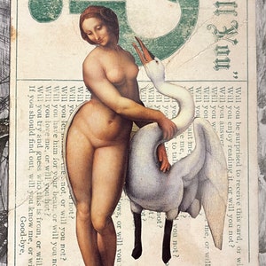Léda et le cygne (« Le voulez-vous ? ») | Art du collage original | Léda et le Cygne, d'après Léonard, sur une carte postale antique (début du XXe siècle) "Voulez-vous ?"