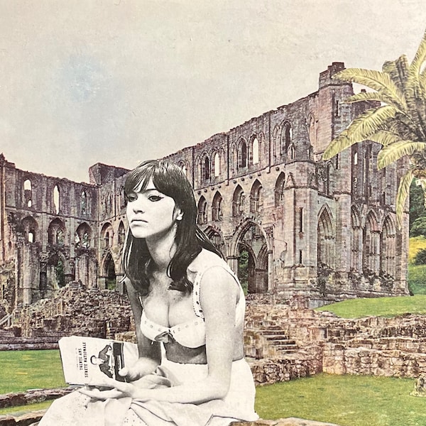 Amour fou (Anna) | Original collage art | French New Wave star Anna Karina sits among abbey ruins with a palm tree in the background