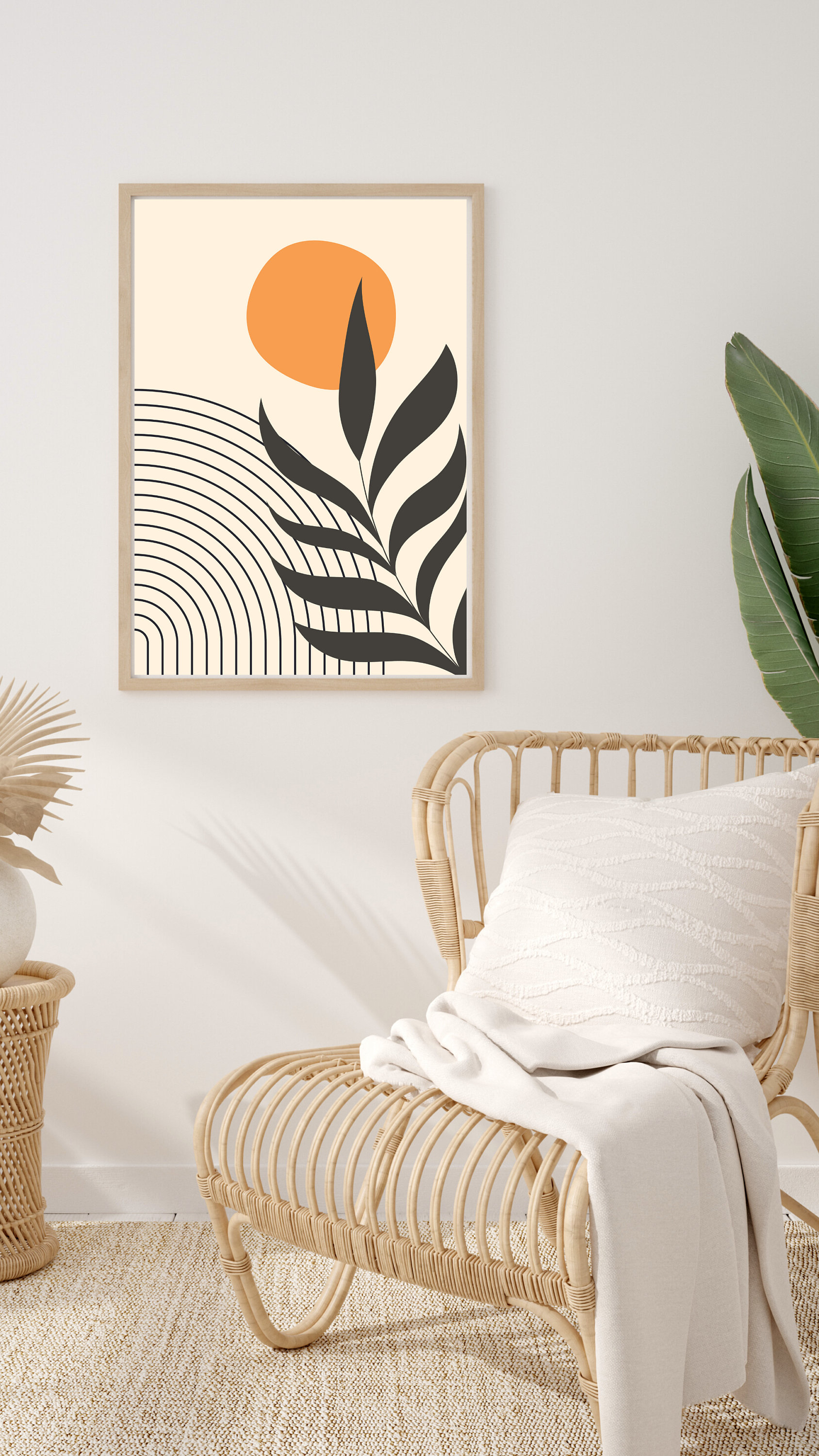 Modern Bohemian Wall Design, Geometric Sun and Tropical Plants Wall Art