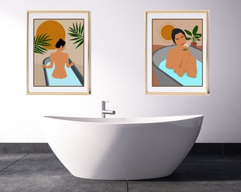 Set of 2 Bathroom female illustration | Bathroom Print | Digital Download | Modern Bathroom Prints| Bathroom Wall Decor/ Self- Care Wall Art