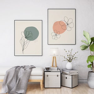 Juego de 2/Arte de pared bohemio, Arte floral minimalista, Arte de pared moderno de mediados de siglo, Arte de pared imprimible, Impresión de arte digital, Arte de pared para decoración del hogar