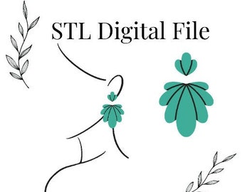 May include: STL Digital File text with a line drawing of a person wearing a teal blue earring with a fan-shaped design. The earring is also shown separately. The image includes the text "Instant Download", "Multiple Sizes", and "Sharp Cutter Wall".