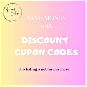 Op de afbeelding: Een roze en gele gradiëntachtergrond met witte tekst die "SAVE MONEY with DISCOUNT CUPON CODES" en "This listing is not for purchase" luidt.