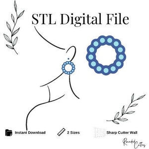 Puede incluir: Texto STL Digital File con un dibujo de línea de una persona que lleva un pendiente circular azul y azul claro. Una imagen separada del pendiente se muestra en el lado derecho de la imagen. El texto "Descarga instantánea", "2 tamaños" y "Pared de corte afilado" también se incluye en la imagen.