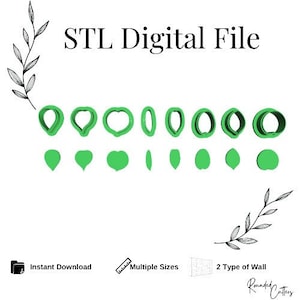 Puede incluir: Archivo digital STL para un conjunto de 12 cortadores de galletas de varios tamaños y formas, incluyendo hojas y corazones. Los cortadores son verdes y se muestran sobre un fondo blanco. El texto "STL Digital File" está en la parte superior de la imagen.