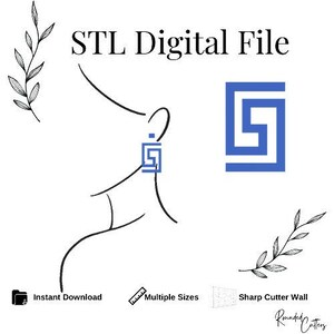 以下が含まれることがあります： STLデジタルファイルというテキストと、青い幾何学模様のイヤリングをした人の線画。画像には、青い幾何学模様の正方形のデザインと、白黒の2つの葉のイラストも含まれています。