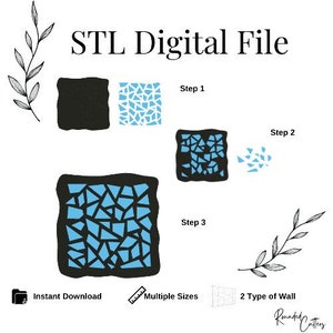 Puede incluir: Archivo digital STL, una descarga digital de un modelo 3D para un diseño de pared de mosaico. La imagen muestra un patrón de mosaico azul y negro con instrucciones para crear el diseño en tres pasos.
