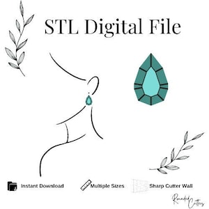 May include: STL Digital File text with a line drawing of a person wearing a teardrop shaped earring. The earring is teal blue with a white centre. A teal blue teardrop shape with a white centre is also shown. The text "Sharp Cutter Wall" is also shown.
