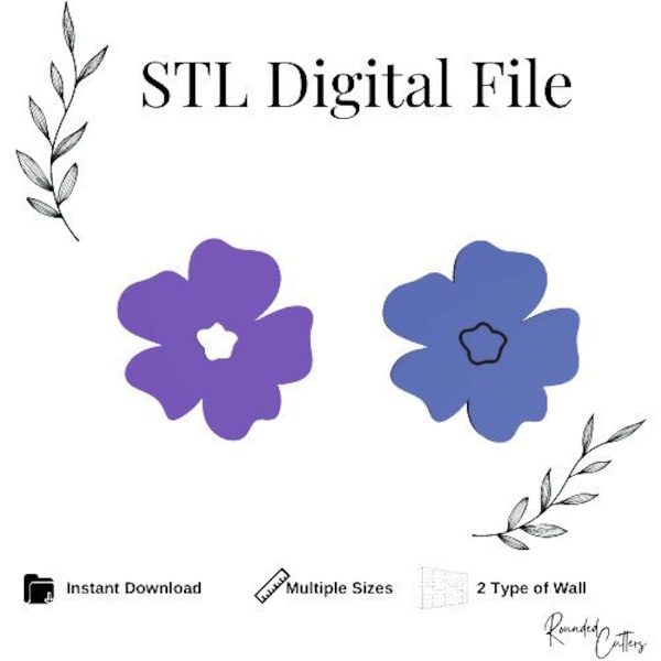 Cortador de arcilla polimérica #1 de flor abstracta, archivo STL digital, 2 diseños, 2 versiones de cortador, descarga instantánea, archivo STL para impresora 3D, 6 tamaños