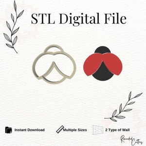 Puede incluir: Archivo digital STL para impresión 3D de un cortador de galletas de mariquita. El diseño presenta dos estilos diferentes de mariquitas, una con un cuerpo redondeado simple y la otra con un cuerpo y alas más detallados. El archivo está disponible en varios tamaños e incluye dos tipos de opciones de pared.