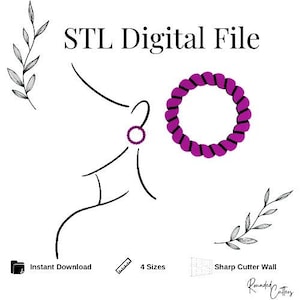 Könnte beinhalten: STL-Digitaldatei zum Download für ein 3D-druckbares Ohrring-Design. Das Bild zeigt eine Strichzeichnung einer Person, die den Ohrring trägt, einen violetten Ohrring und einen violetten, verdrehten Kreis.
