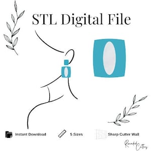 Puede incluir: Archivo digital STL. Un archivo digital para la impresión 3D de un par de pendientes. Los pendientes son de color azul turquesa con un óvalo blanco en el centro. La imagen muestra un dibujo de línea de una persona que lleva los pendientes. La imagen también muestra un patrón de cuadrícula, una regla y un icono de carpeta.